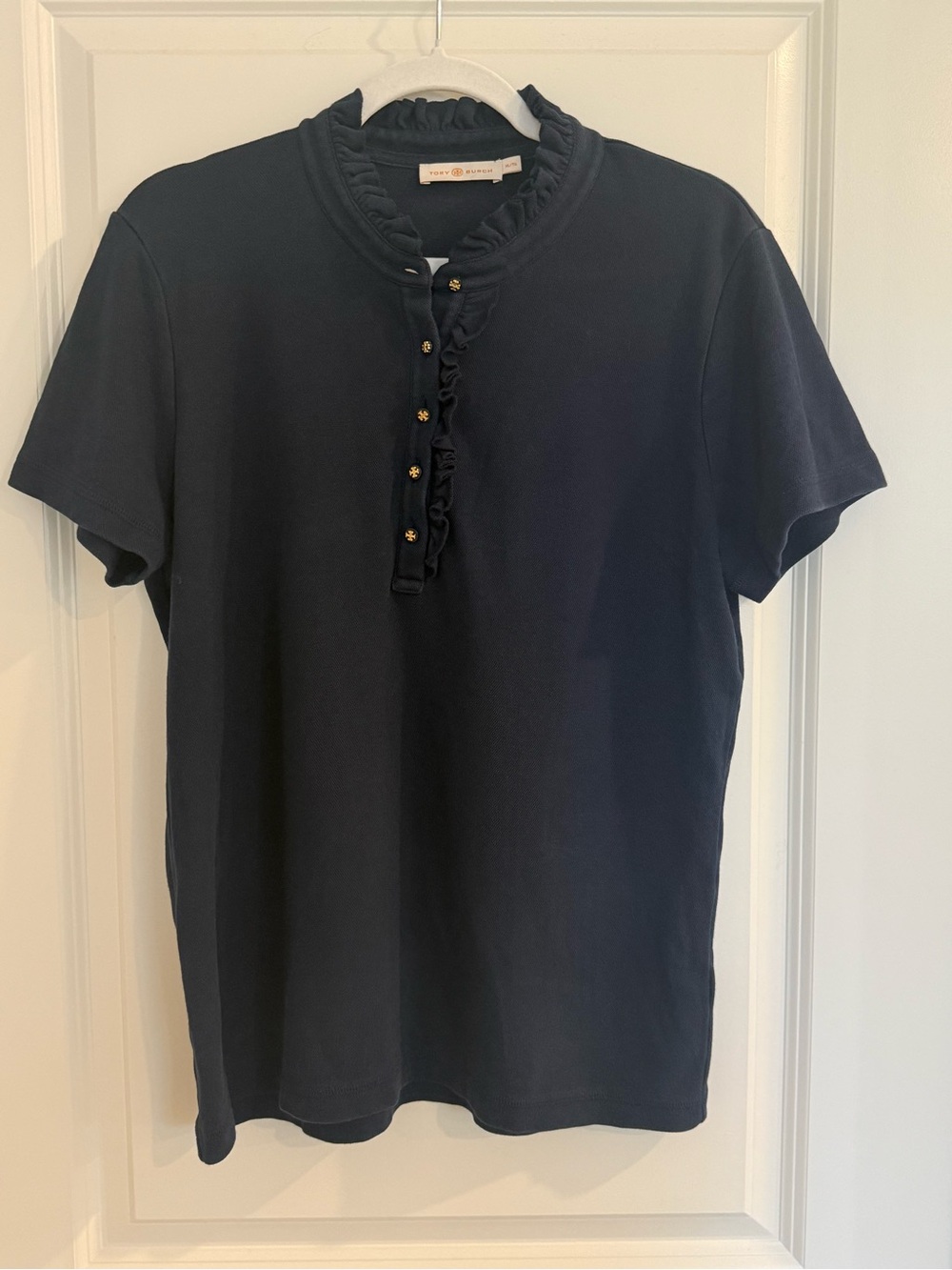Tory Burch Navy Ruffle Henley Polo Shirt